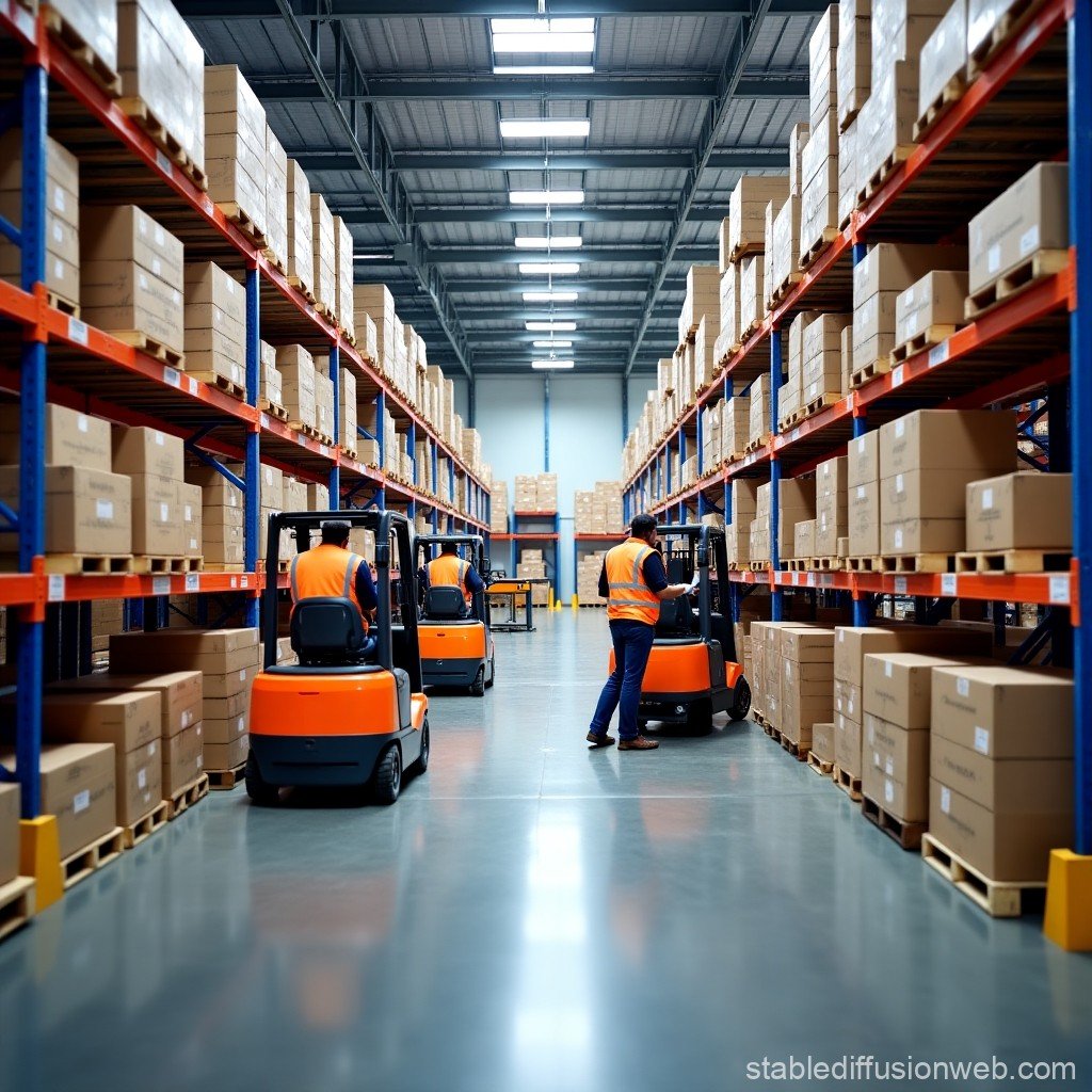 Warehouse with forklifts handling cargo pallets