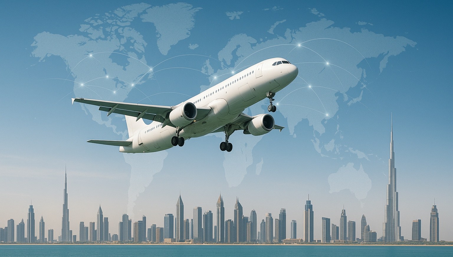 Aircraft over the Dubai skyline representing global reach