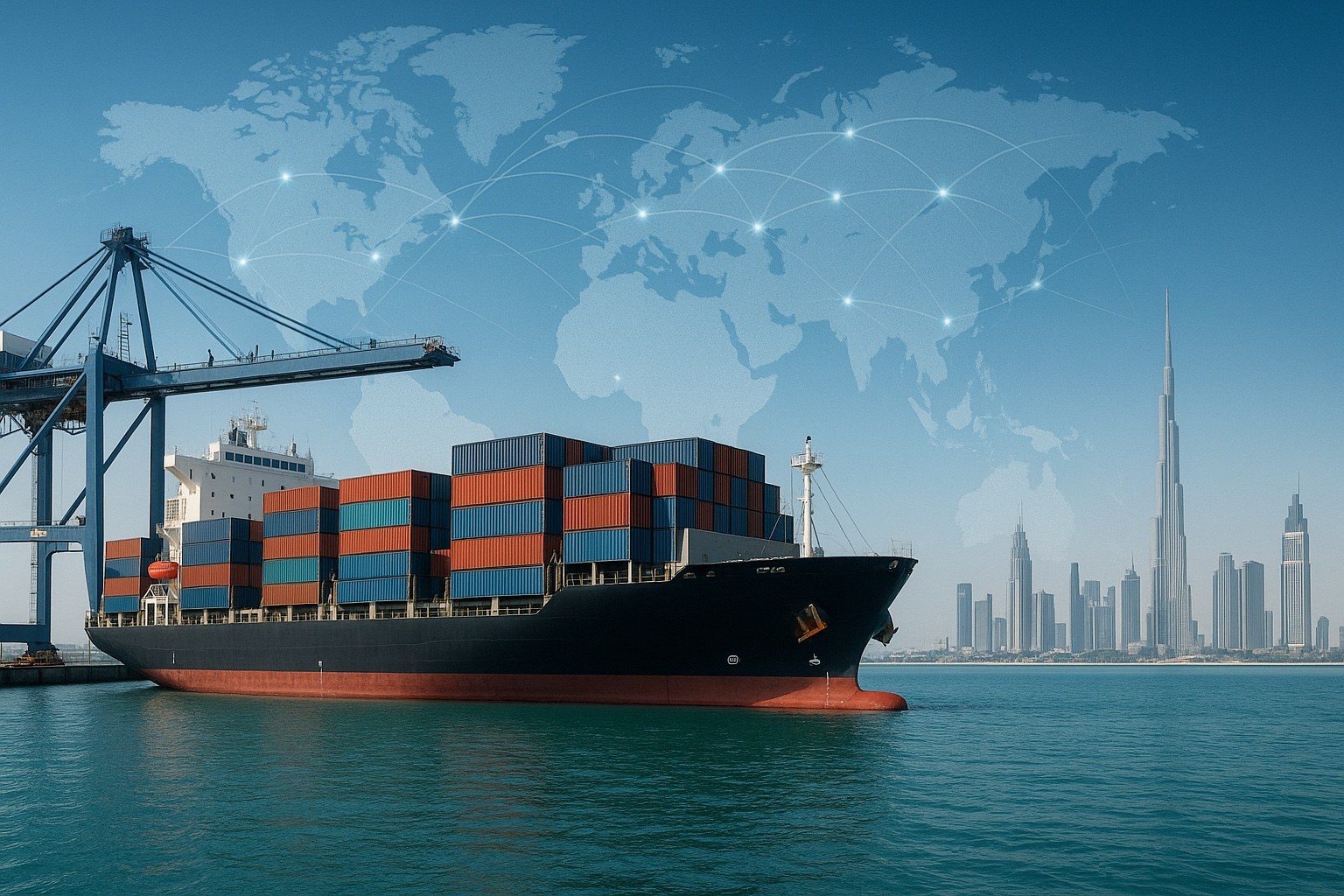 Container ship approaching Dubai with a world trade route map